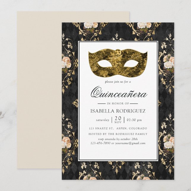 Invitación Vintage Gold Masquerade Floral Damask Quinceañera (Anverso / Reverso)