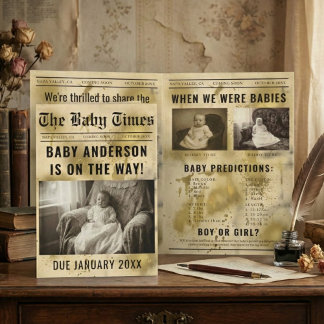 Invitación vintage gold Newspaper Pregnancy Announcement