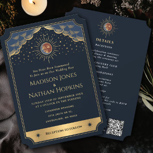 Invitación Vintage Gold Sun Moon Tarot Boda QR Código