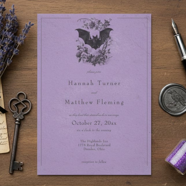 Invitación Vintage Gothic Black Toile Bat Purple Wedding (Subido por el creador)