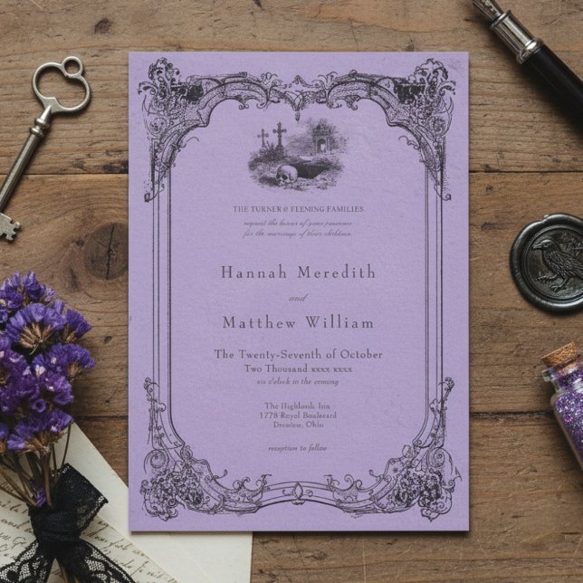 Invitación Vintage Gothic Black Toile Purple Skull Wedding (Subido por el creador)