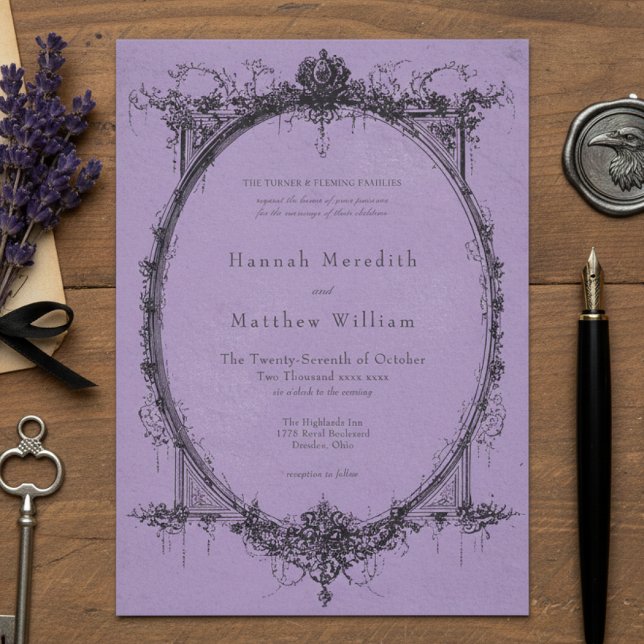 Invitación Vintage Gothic Black Toile Purple Wedding (Subido por el creador)