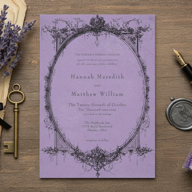 Invitación Vintage Gothic Black Toile Purple Wedding (Subido por el creador)