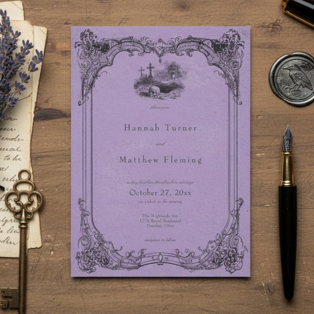 Invitación Vintage Gothic Black Toile Skull Purple Wedding (Subido por el creador)