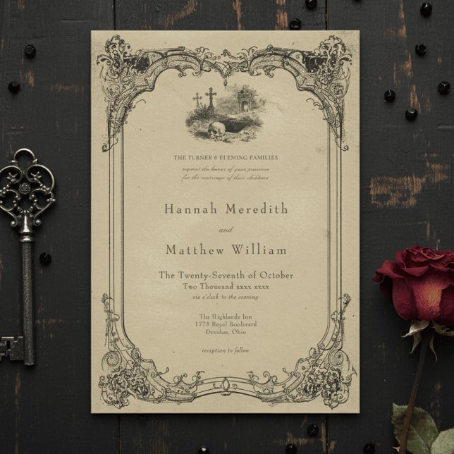 Invitación Vintage Gothic Black Toile Tan Skull Wedding (Subido por el creador)