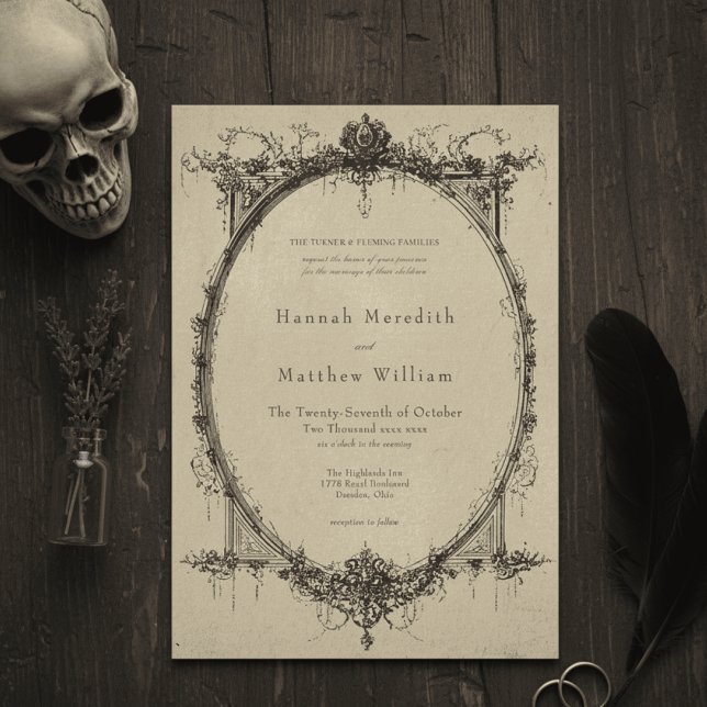 Invitación Vintage Gothic Black Toile Tan Wedding (Subido por el creador)