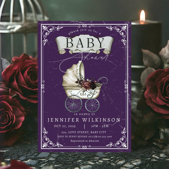 Invitación Vintage Gothic Purple Halloween Baby Shower (Vintage Gothic Purple Halloween Baby Shower Invitation)
