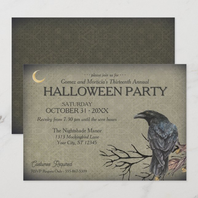 Invitación Vintage Gothic Raven Halloween Party (Anverso / Reverso)
