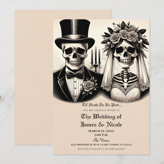 Invitación Vintage Gothon Skeleton Bride & Groom Boda (Anverso / Reverso)