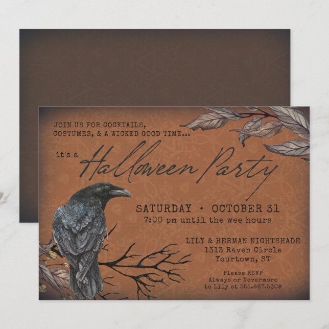 Invitación Vintage Gótica de Cuervo para Halloween (Anverso / Reverso)
