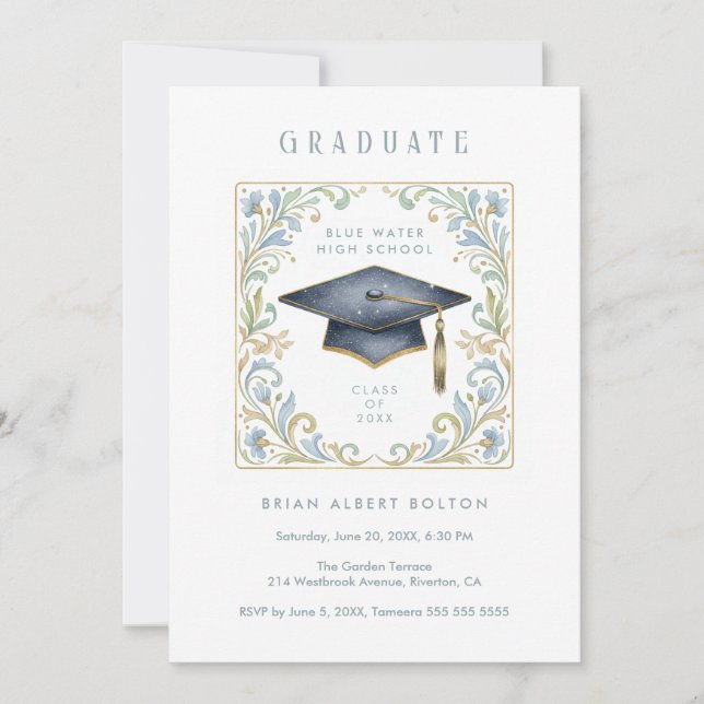 Invitación Vintage Graduate Cap with Floral Frame (Anverso)