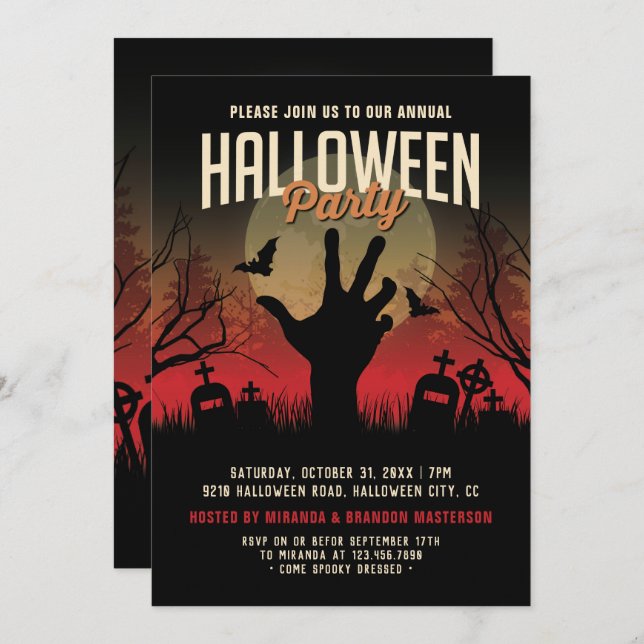 Invitación Vintage Graveyard y Moon Halloween Party (Anverso / Reverso)