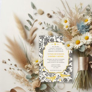 Invitación Vintage Gray and Yellow Floral Love Bird Boda