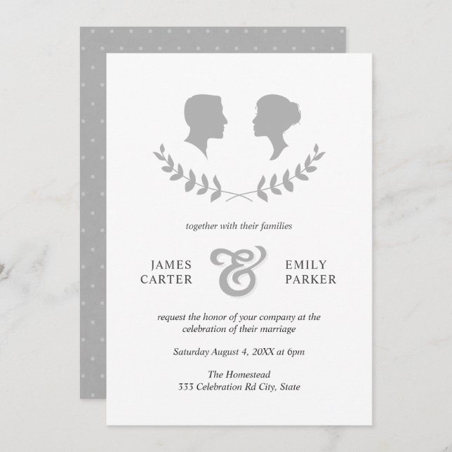 Invitación Vintage Gray Laurel Bride Groom Silhouette Boda (Anverso / Reverso)