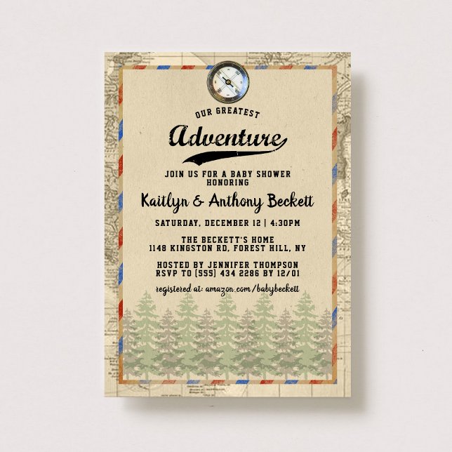 Invitación Vintage Greatest Adventure Travel Map Baby Shower (Subido por el creador)