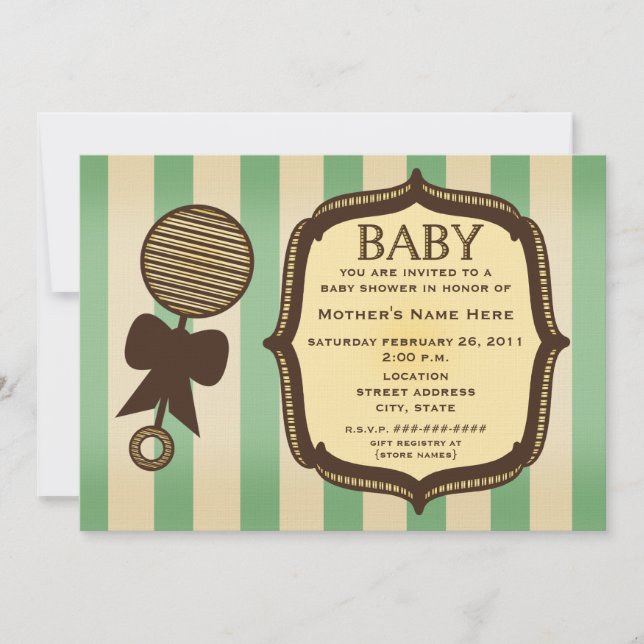 Invitación Vintage Green Baby Shower Rattle & Stripes (Anverso)