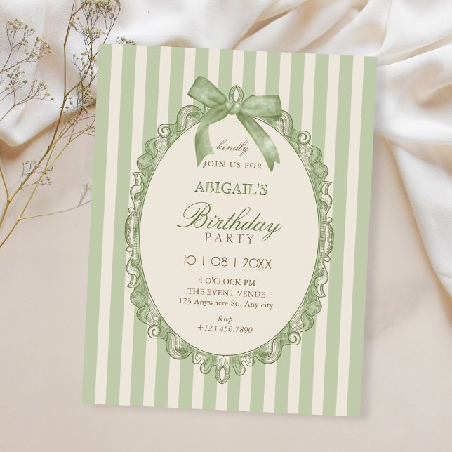 Invitación Vintage green elegant sweet bow birthday (Subido por el creador)