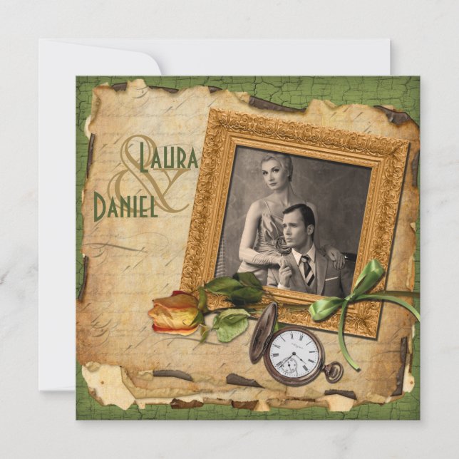 Invitación Vintage Green, Gold Frame Photo Wedding Invitado (Anverso)