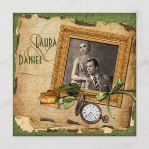 Invitación Vintage Green, Gold Frame Photo Wedding Invitado