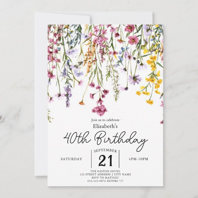 Invitación Vintage Greenery Wildflowers 40 cumpleaños (Anverso)