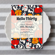 Vintage Groovy Flower Hello Thirty Navy Birthday
