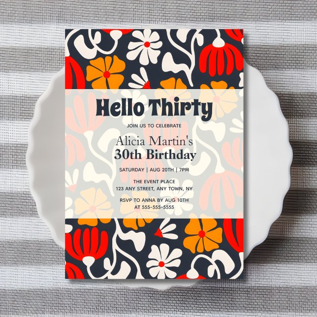 Invitación Vintage Groovy Flower Hello Thirty Navy Birthday (Subido por el creador)