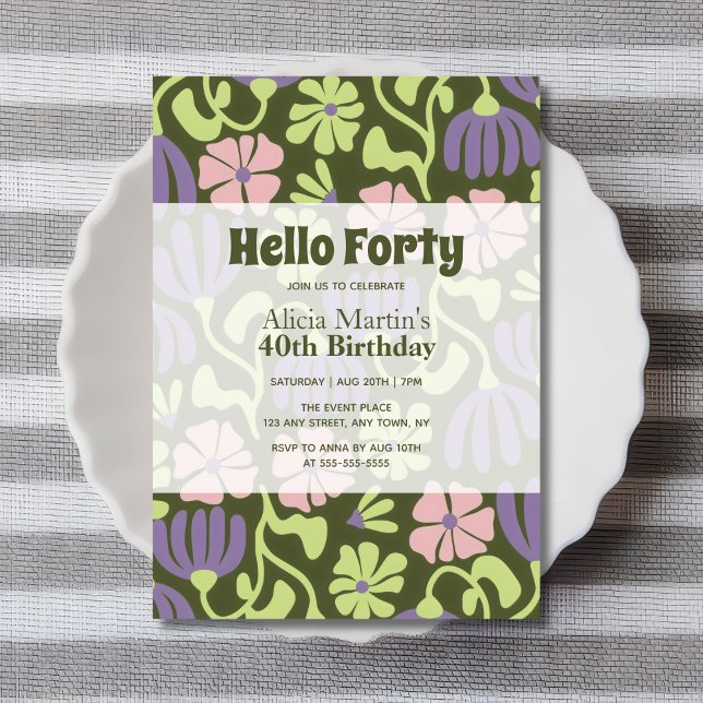 Invitación Vintage Groovy Flower Hola a 40 años (Subido por el creador)