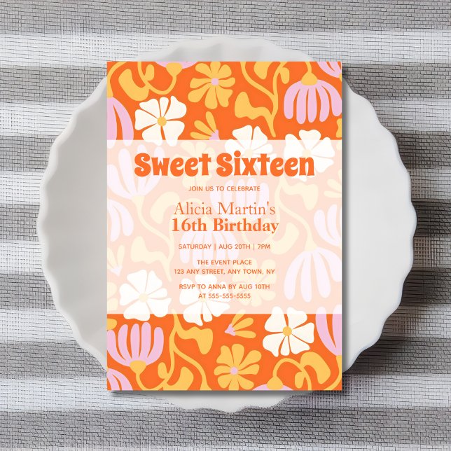 Invitación Vintage Groovy Flower Sweet 16th Birthday (Subido por el creador)