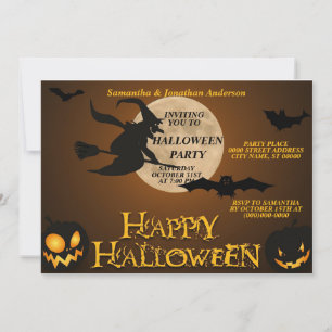 Invitación Vintage Halloween Black Evil Witch Full Moon