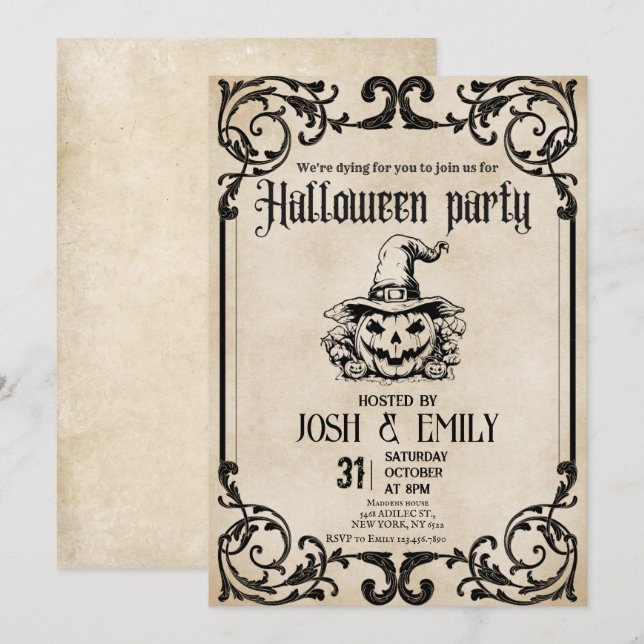Invitación Vintage Halloween Party Calabaza para adultos (Anverso / Reverso)