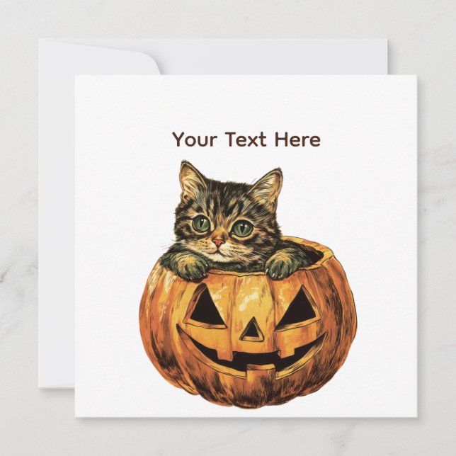Invitación Vintage Halloween Pumpkin Kitty (Anverso)