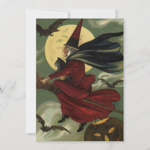 Invitación Vintage Halloween Witch Riding Broomstick con gato