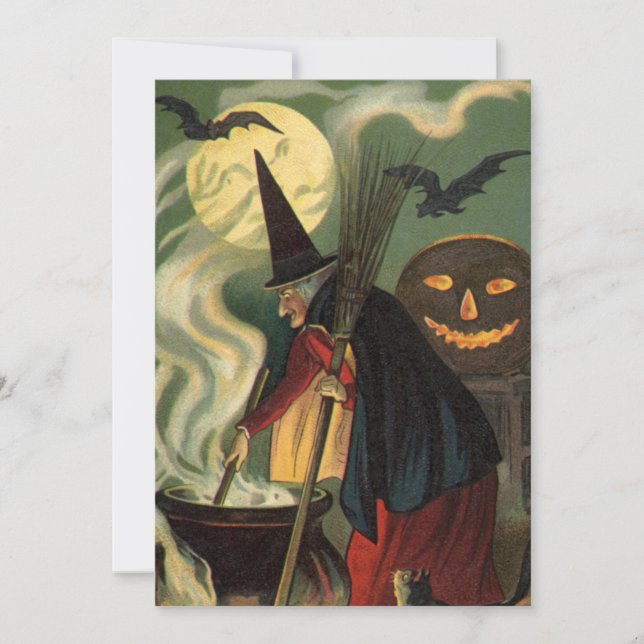 Invitación Vintage Halloween Witch Stirring Magic Cauldron (Anverso)