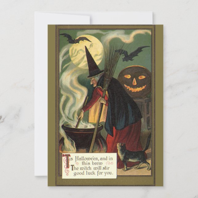 Invitación Vintage Halloween Witch Stirring Magic Cauldron (Anverso)