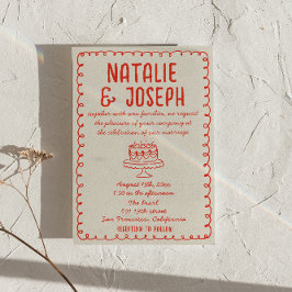 Invitación Vintage Hand Drake Red Cake Funky Quirky Boda