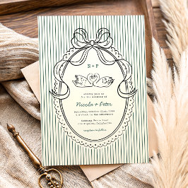 Invitación Vintage Hand Drawn Swan Green Stripes Wedding