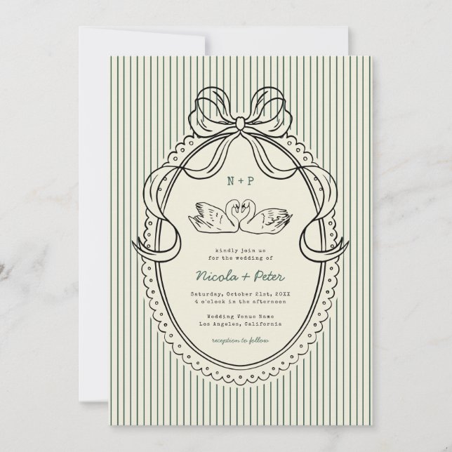 Invitación Vintage Hand Drawn Swan Green Stripes Wedding (Anverso)