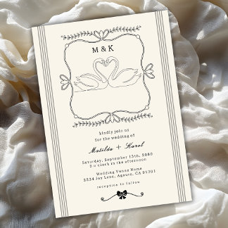 Invitación Vintage Hand Drawn Swans Stripes Monogram Wedding