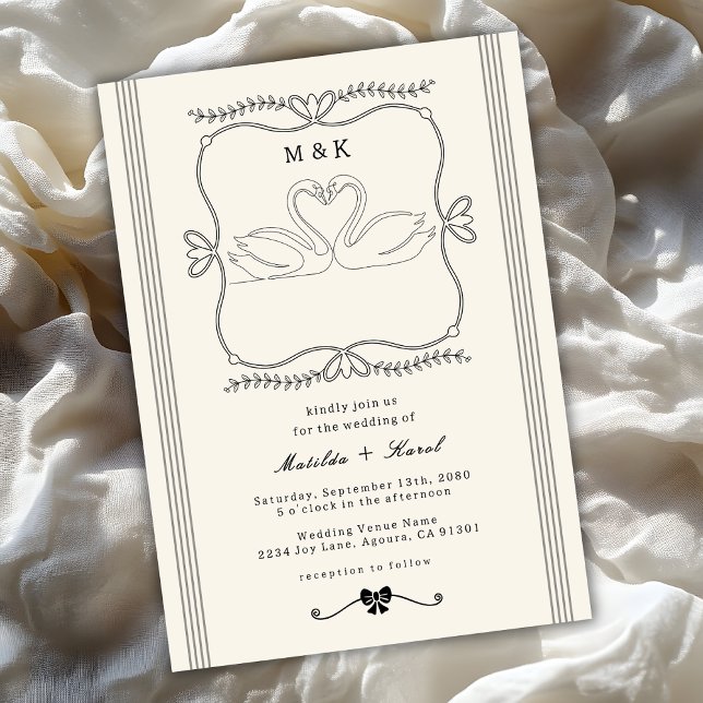 Invitación Vintage Hand Drawn Swans Stripes Monogram Wedding (Subido por el creador)