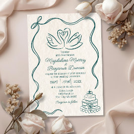 Invitación Vintage Hand Drawn Teal Green Retro Swans Wedding