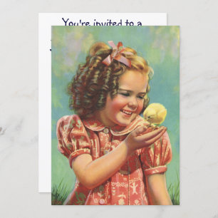 Invitación Vintage Happy Chica con Baby Chick Birday Party