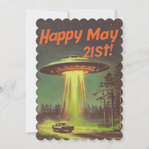 Invitación Vintage Happy May 21 Ufo y auto en campaña