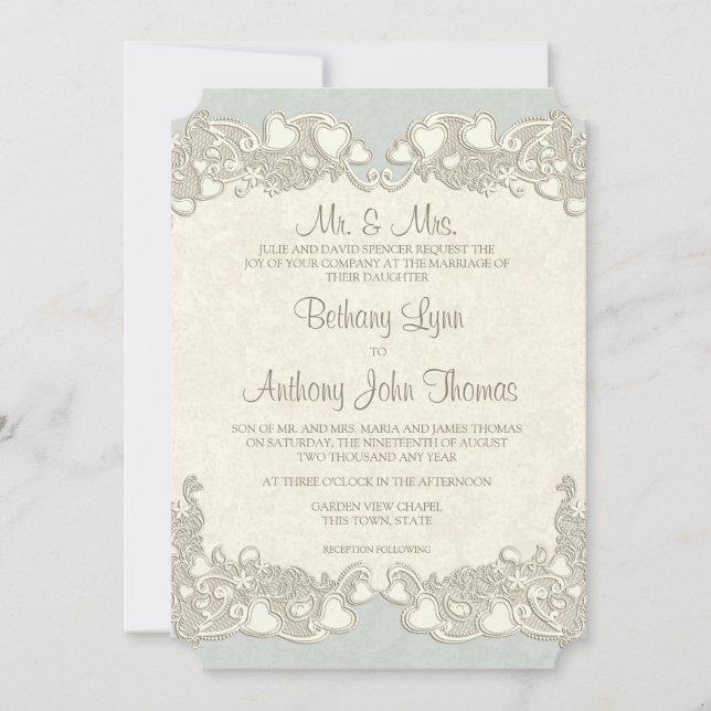 Invitación Vintage Hearts Country Sage Green (Anverso)