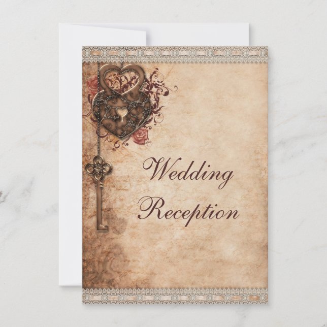 Invitación Vintage Hearts Lock and Key Wedding Reception (Anverso)
