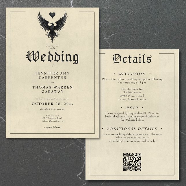 Invitación Vintage Heraldry Bird Insignia Dos Bodas (Vintage Heraldry Bird Insignia Two Sided Wedding Invitation)