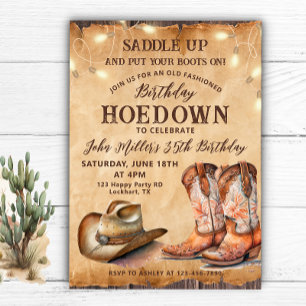Invitación Vintage Hoedown Birday con Cowboy Boots y Gorra