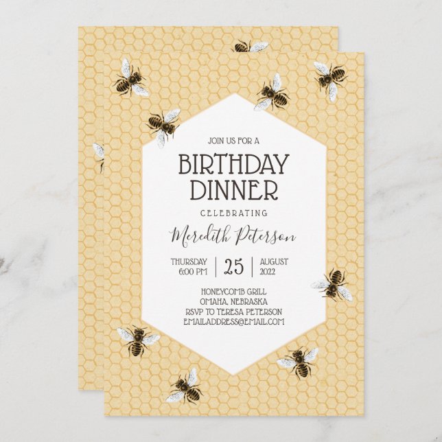 Invitación Vintage Honeybee Birthday Dinner (Anverso / Reverso)