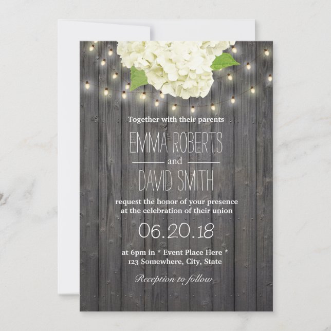 Invitación Vintage Hydrangea String Lights Barn Wood Boda (Anverso)