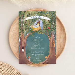 Invitación Vintage Ilustracion Cradle Tree Tops Blue Shower