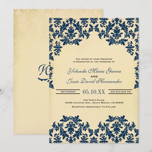 Invitación Vintage Indigo, Damask Wedding (Anverso / Reverso)